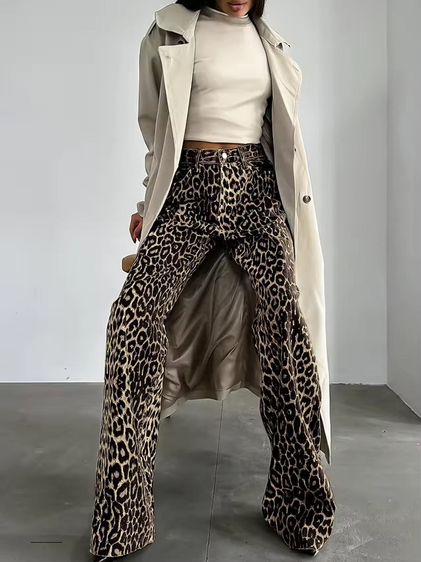 Women's high-waist leopard-print wide-leg jeans by Homixa, relaxed fit, stylish and flattering for casual wear.