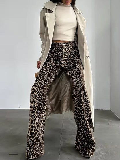 Women's high-waist leopard-print wide-leg jeans by Homixa, relaxed fit, stylish and flattering for casual wear.