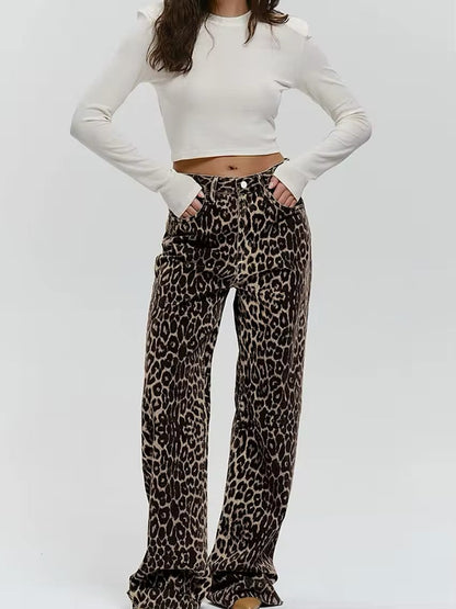 Women’s high-waist leopard-print wide-leg jeans by Homixa, relaxed fit, stylish trousers with a flattering silhouette.
