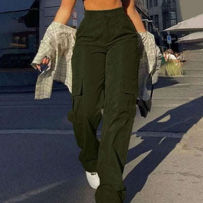 Women's high-waist wide-leg cargo pants by Homixa with functional flap thigh pockets, shown in a relaxed fit style.