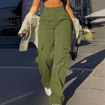 Women's high-waist wide-leg cargo pants by Homixa with functional flap thigh pockets and a relaxed fit.