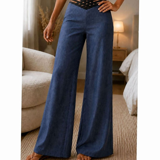 Homixa women's high-waist wide-leg pants with crossover waistband and flowing legs, displayed on a model.