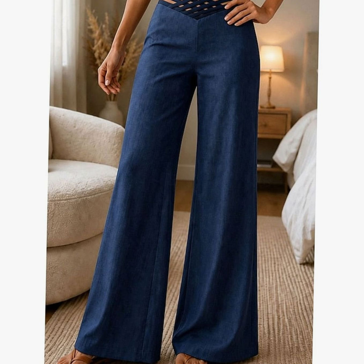 Women's high-waist wide-leg pants with crossover waistband and flowing legs, stylish and comfortable from Homixa.