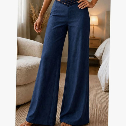 Women's high-waist wide-leg pants with crossover waistband and flowing legs, stylish and comfortable from Homixa.