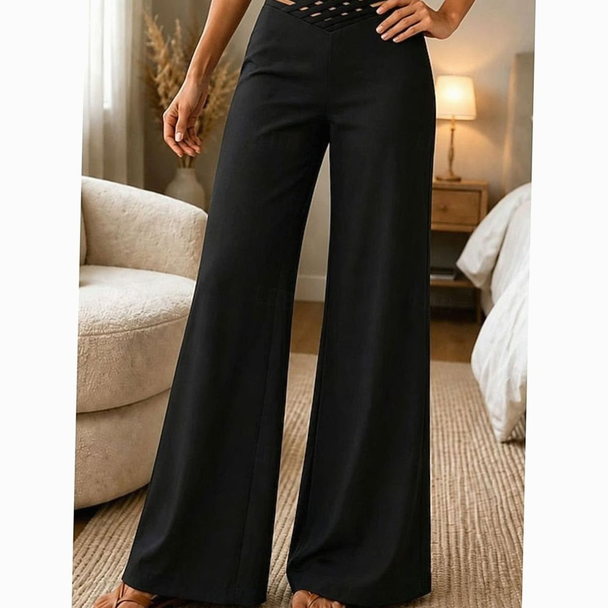 Women's high-waist wide-leg pants with crossover waistband and flowing leg design by Homixa, shown on a model.