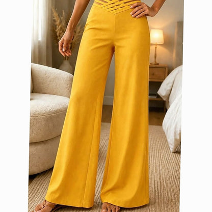Women’s high-waist wide-leg pants by Homixa with crossover waistband and flowing leg design, shown on a model.
