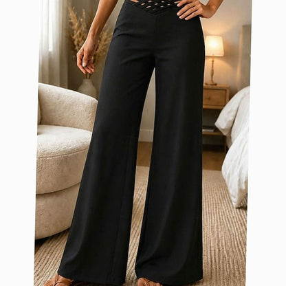 Women's high-waist wide-leg trousers with crossover waistband and pull-on closure, stylish and comfortable Homixa high-waist pants.