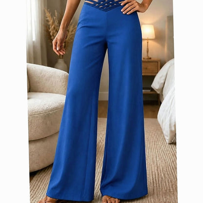 Homixa women's high-waist wide-leg trousers with crossover waistband and pull-on closure, styled for a modern, relaxed look.