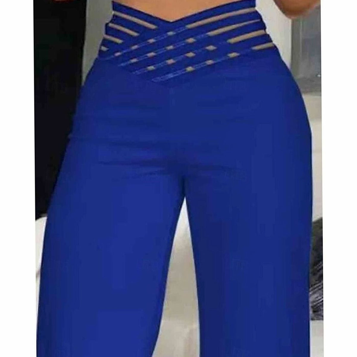 Women's high-waist wide-leg trousers by Homixa with crossover waistband and pull-on closure, styled with a relaxed fit.