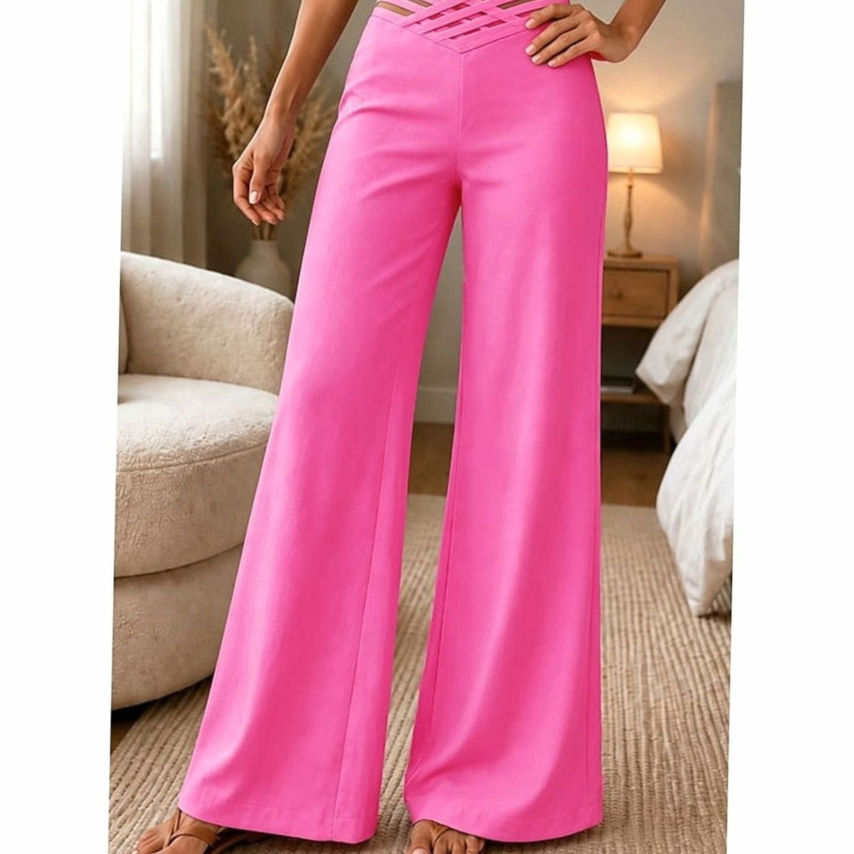 Homixa women's high-waist wide-leg trousers with crossover waistband and pull-on closure, shown on a model.