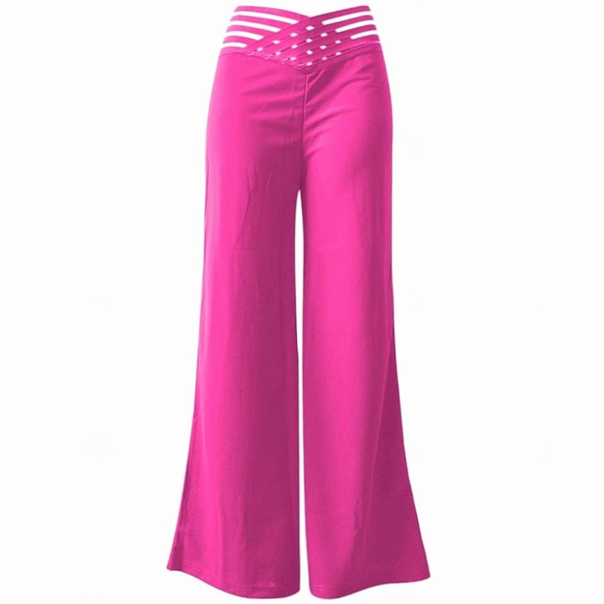 Homixa women's high-waist wide-leg trousers with crossover waistband and pull-on closure, displayed on a model.