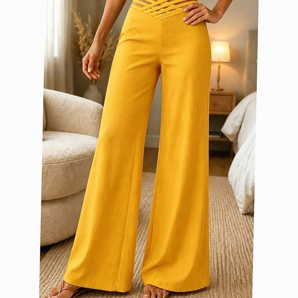 Women's high-waist wide-leg trousers with crossover waistband and pull-on closure, in a sleek, comfortable fit by Homixa.