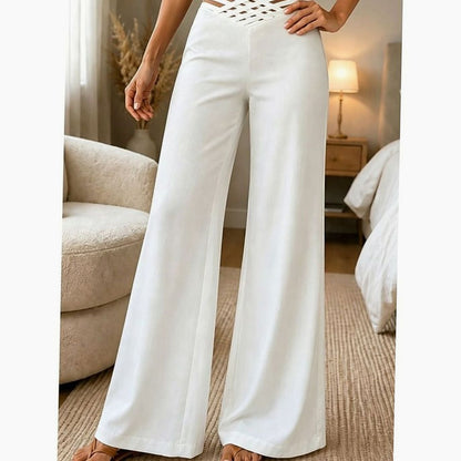 Women's high-waist wide-leg trousers by Homixa featuring a crossover waistband and pull-on design, shown on a model.