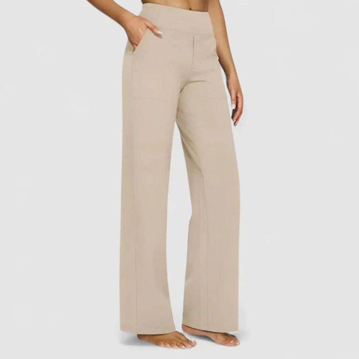 Homixa women's high-waist wide-leg trousers with elastic waistband and deep side pockets, styled for a casual, comfortable look.