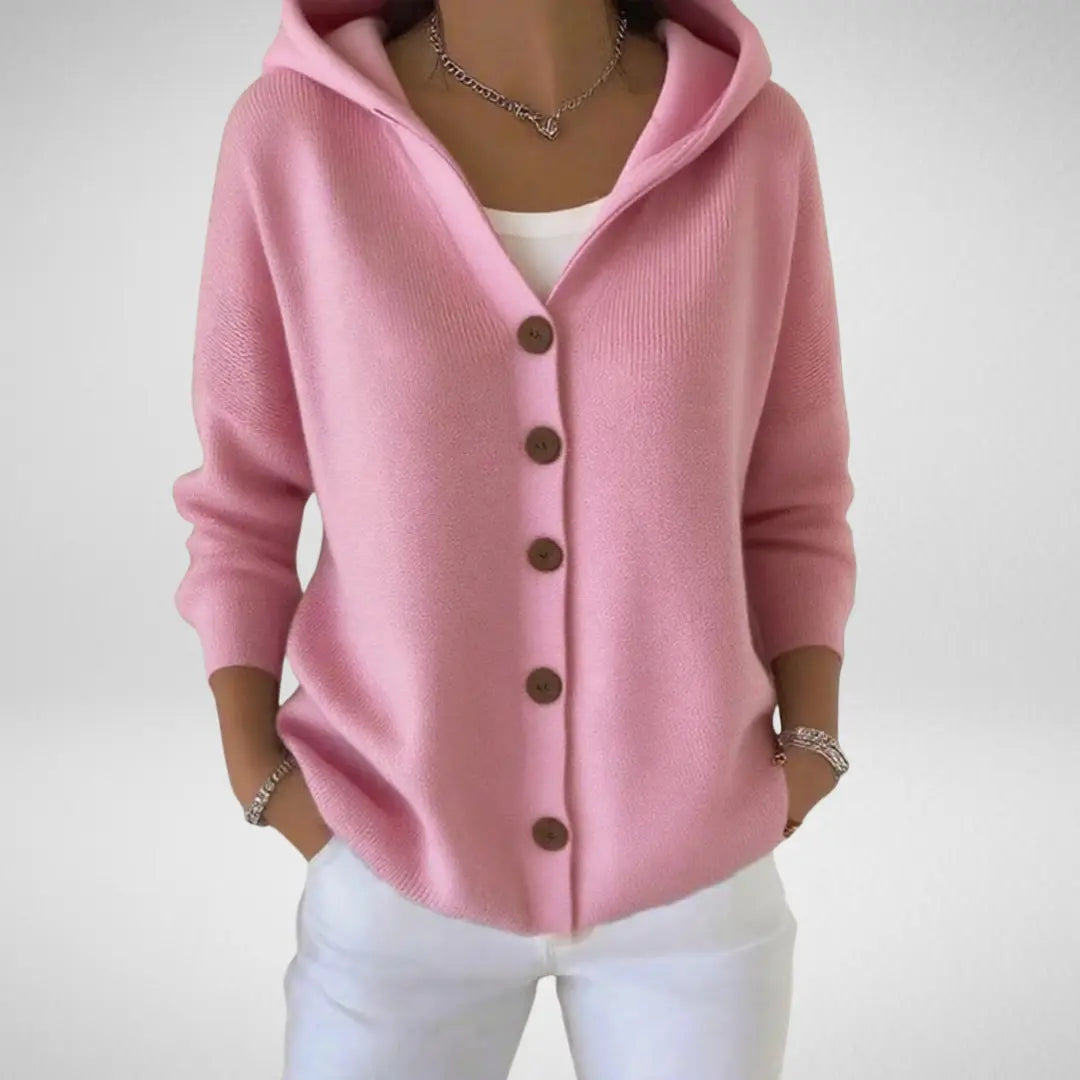 Women's Homixa hooded button-front cardigan with a relaxed fit and ribbed hem, displayed on a model.