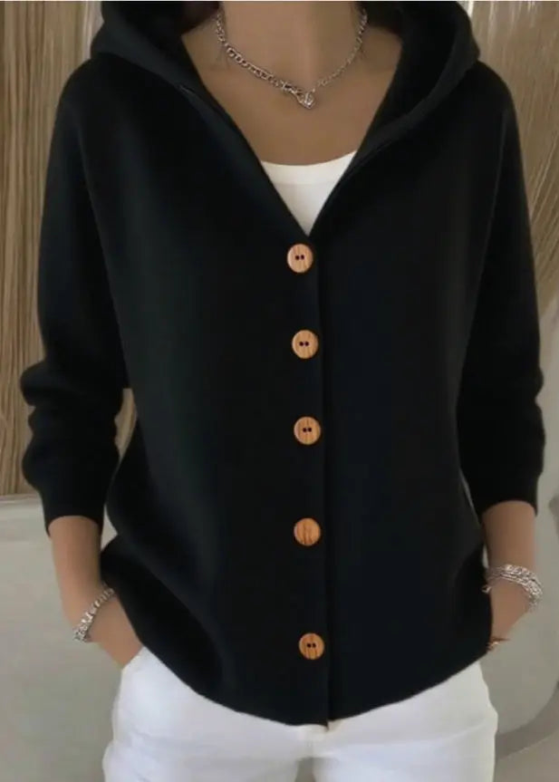 Women’s hooded button-front cardigan by Homixa with relaxed fit and ribbed hem, shown in a cozy, casual style.