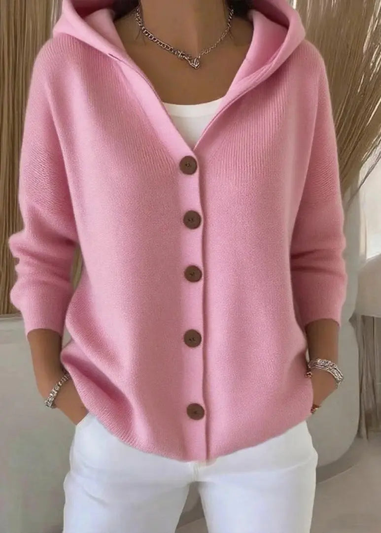 Women's Homixa hooded button-front cardigan with relaxed fit and ribbed hem, shown on a model.