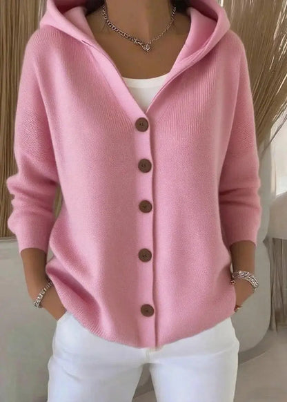 Women's Homixa hooded button-front cardigan with relaxed fit and ribbed hem, shown on a model.