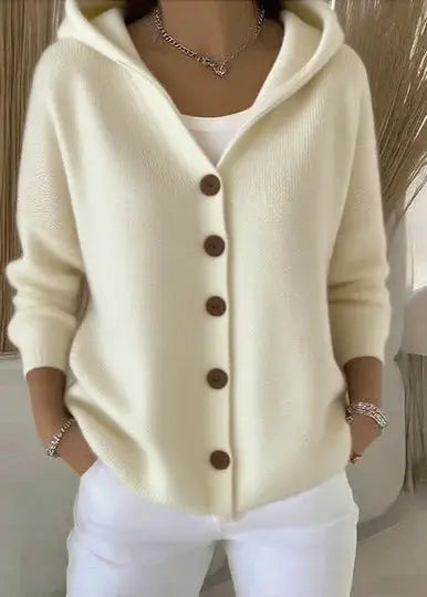 Women's Homixa hooded button-front cardigan with relaxed fit and ribbed hem, shown on a model with casual styling.