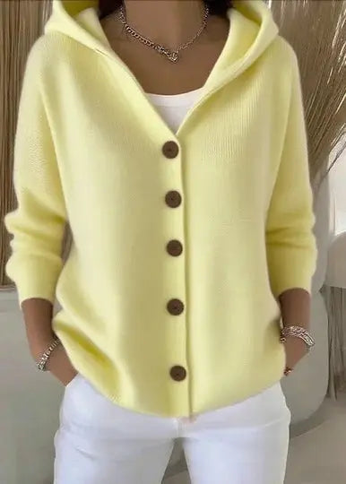 Women's Homixa hooded button-front cardigan with relaxed fit and ribbed hem, shown in a cozy, casual style.