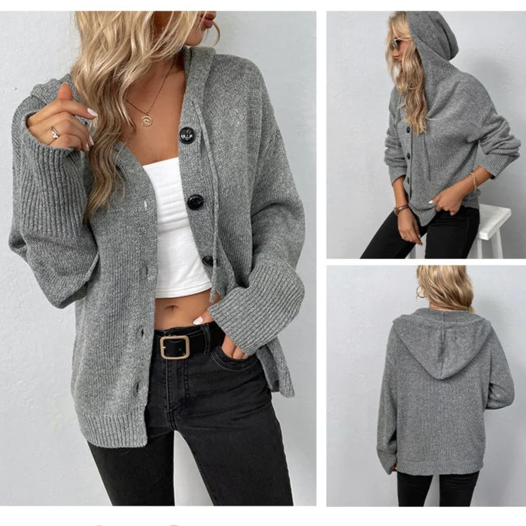 Women's Homixa knit cardigan with hood, button front, long sleeves, and ribbed cuffs, perfect for casual layering.