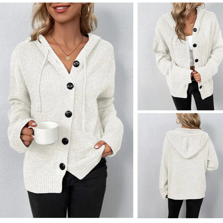 Women's Homixa knit cardigan with hood, button front, long sleeves, and ribbed cuffs, shown in a cozy, stylish design.
