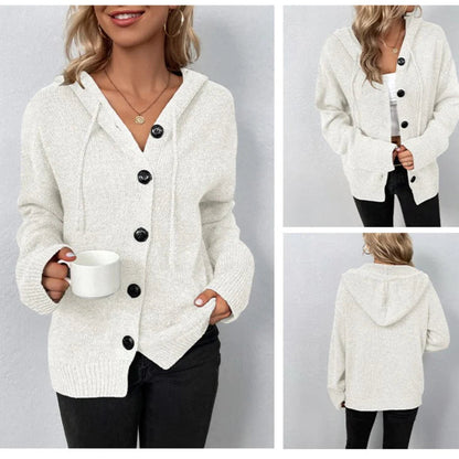 Women's Homixa knit cardigan with hood, button front, long sleeves, and ribbed cuffs, shown in a cozy, stylish design.