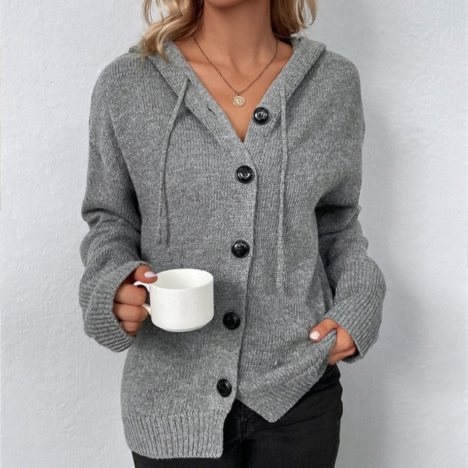 Women's Homixa hooded knit cardigan with button front, long sleeves, and ribbed cuffs, styled for a cozy, casual look.