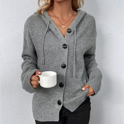 Women's Homixa hooded knit cardigan with button front, long sleeves, and ribbed cuffs, styled for a cozy, casual look.