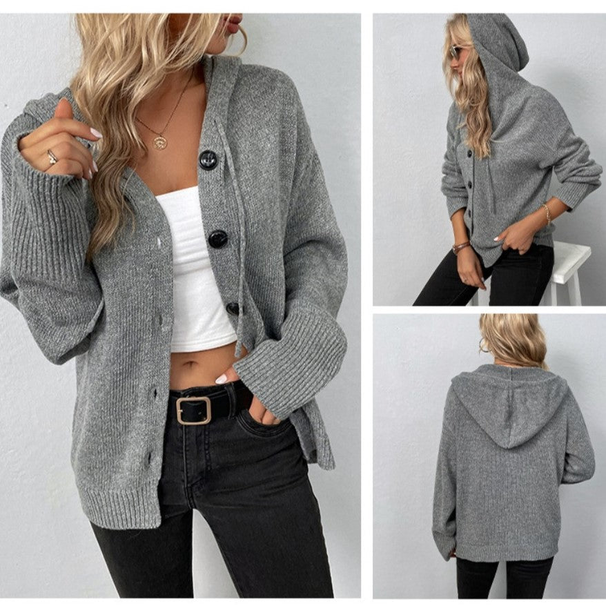 Women's Homixa hooded knit cardigan with button front, long sleeves, and ribbed cuffs, displayed on a neutral background.