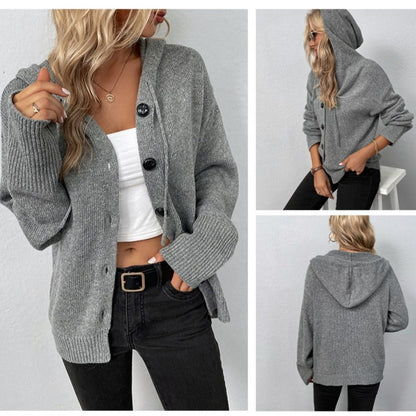 Women's Homixa hooded knit cardigan with button front, long sleeves, and ribbed cuffs, displayed on a neutral background.