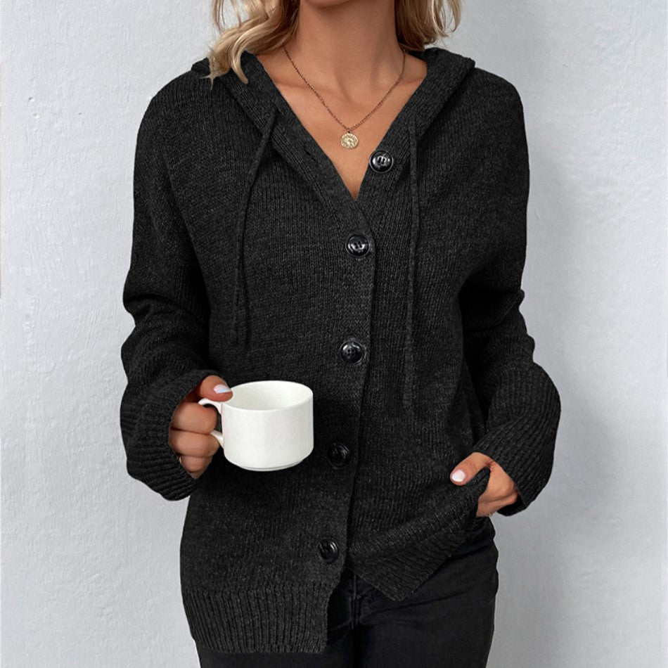 Women's Homixa knit cardigan with hood, button-front closure, long sleeves, and ribbed cuffs, perfect for cozy layering.