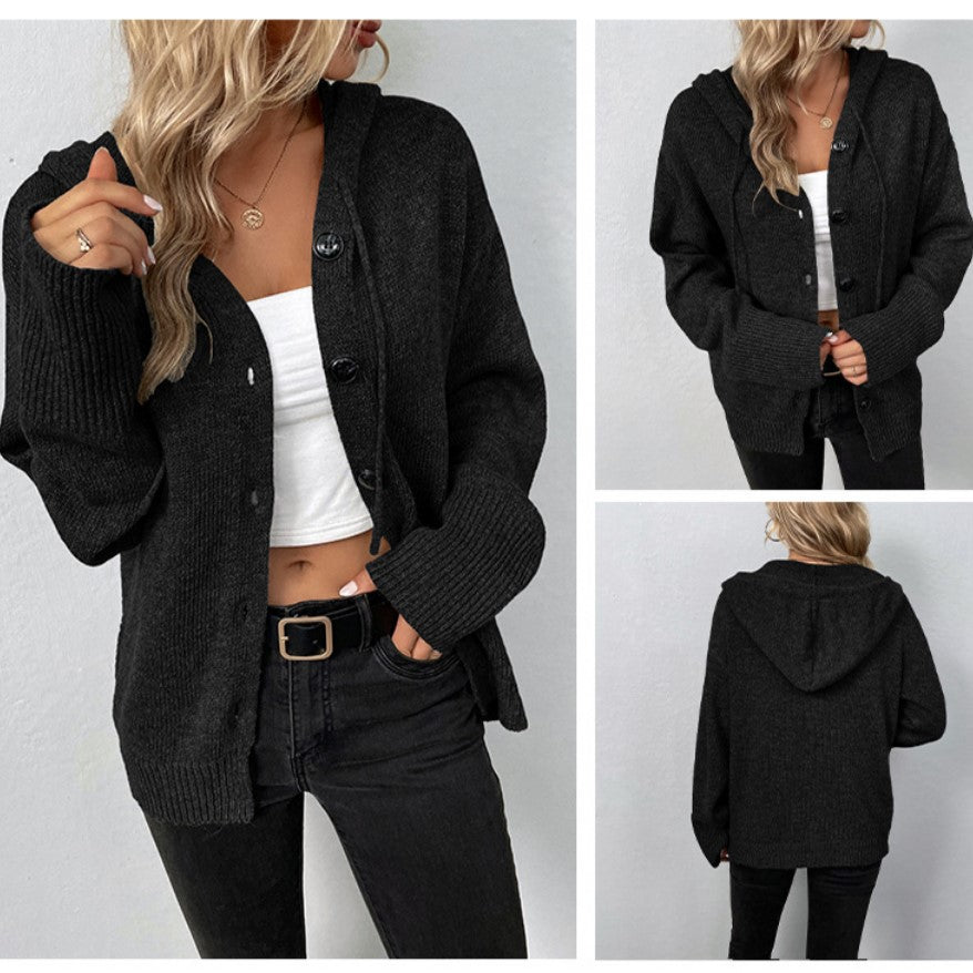 Women’s hooded knit cardigan with button front, long sleeves, and ribbed cuffs, by Homixa, shown on a model.
