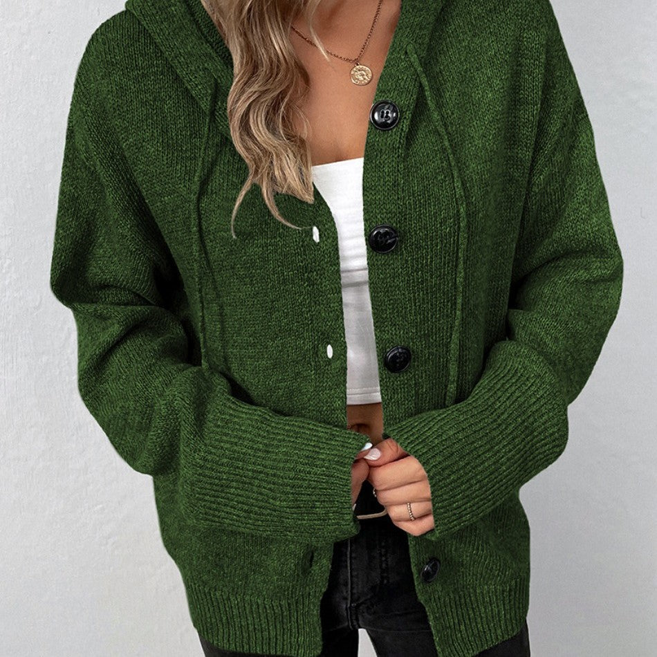 Women's Homixa knit cardigan with hood, button-front closure, long sleeves, and ribbed cuffs, displayed on a hanger.