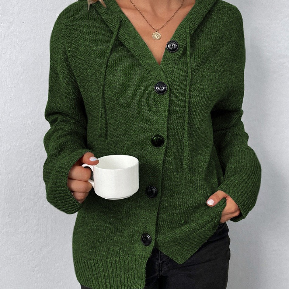 Women's Homixa knit cardigan with hood, button front, long sleeves, and ribbed cuffs, perfect for casual layering.