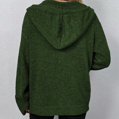 Women's Homixa knit cardigan with hood, button-front closure, long sleeves, and ribbed cuffs, styled casually.