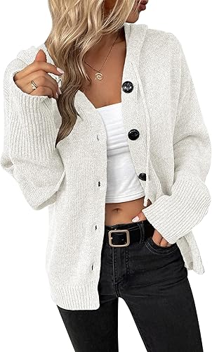 Women's Homixa hooded knit cardigan with button front, long sleeves, and ribbed cuffs, shown on a model.
