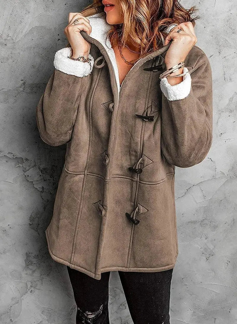 Women's fleece-lined coat with hood, tailored fit, and room for layering from Homixa, ideal for cold weather.