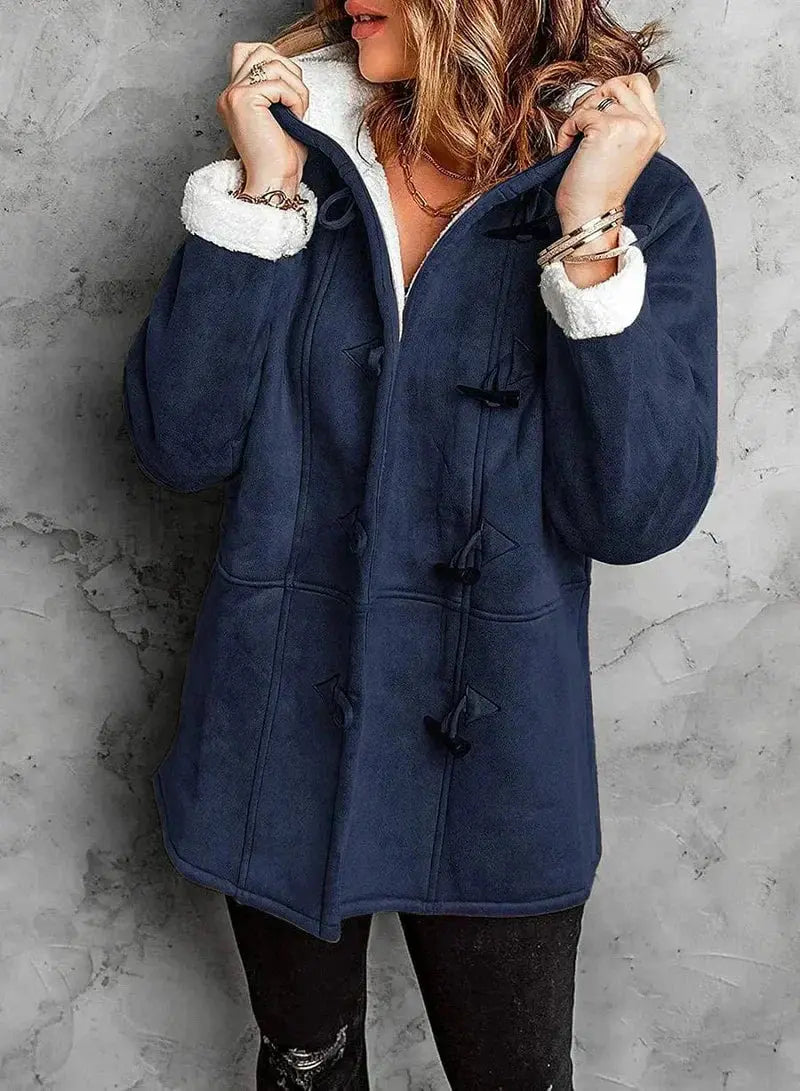 Women's fleece-lined coat with hood by Homixa, tailored fit, perfect for layering and staying warm in cold weather.