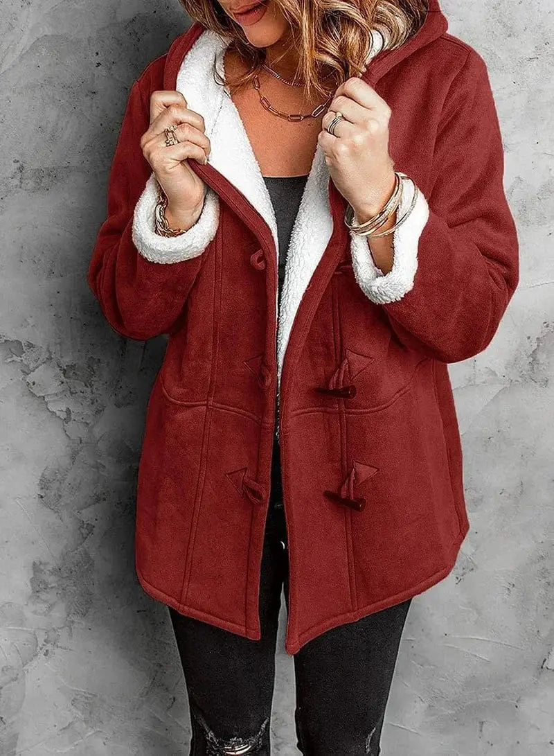 Women's fleece-lined coat with hood by Homixa, tailored fit, perfect for layering and cold weather.