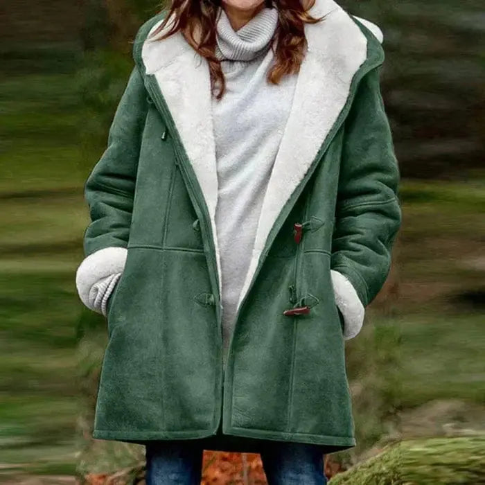 Women's fleece-lined coat with hood, tailored fit, and room for layering by Homixa, perfect for cold weather and casual wear.