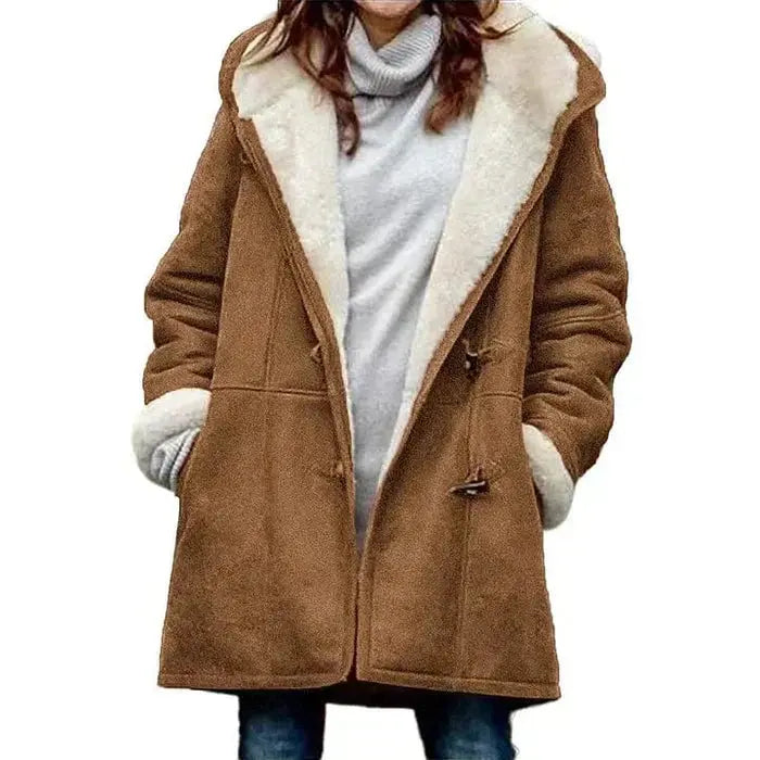 Women's fleece-lined coat with hood, tailored fit, and room for layering by Homixa, ideal for cold weather and outdoor wear.