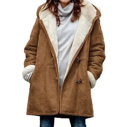 Women's fleece-lined coat with hood, tailored fit, and room for layering by Homixa, ideal for cold weather and outdoor wear.