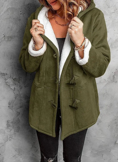 Women's fleece-lined coat with hood and tailored fit by Homixa, perfect for layering and staying warm in cold weather.