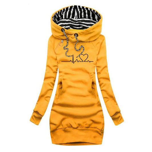 Homixa women's long-sleeve graphic print dress with heartbeat motif, hood, and kangaroo pocket, casual and stylish for everyday wear.
