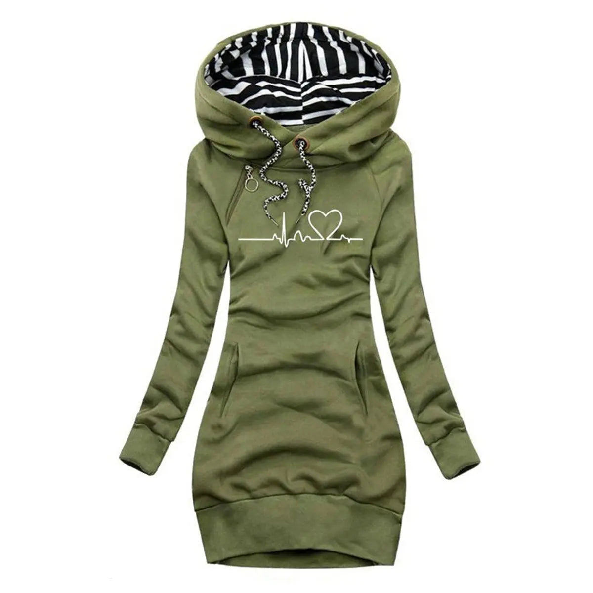 Women's Homixa hoodie dress with heartbeat graphic print, long sleeves, kangaroo pocket, and hood, casual and stylish.