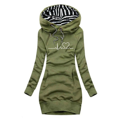 Women's Homixa hoodie dress with heartbeat graphic print, long sleeves, kangaroo pocket, and hood, casual and stylish.