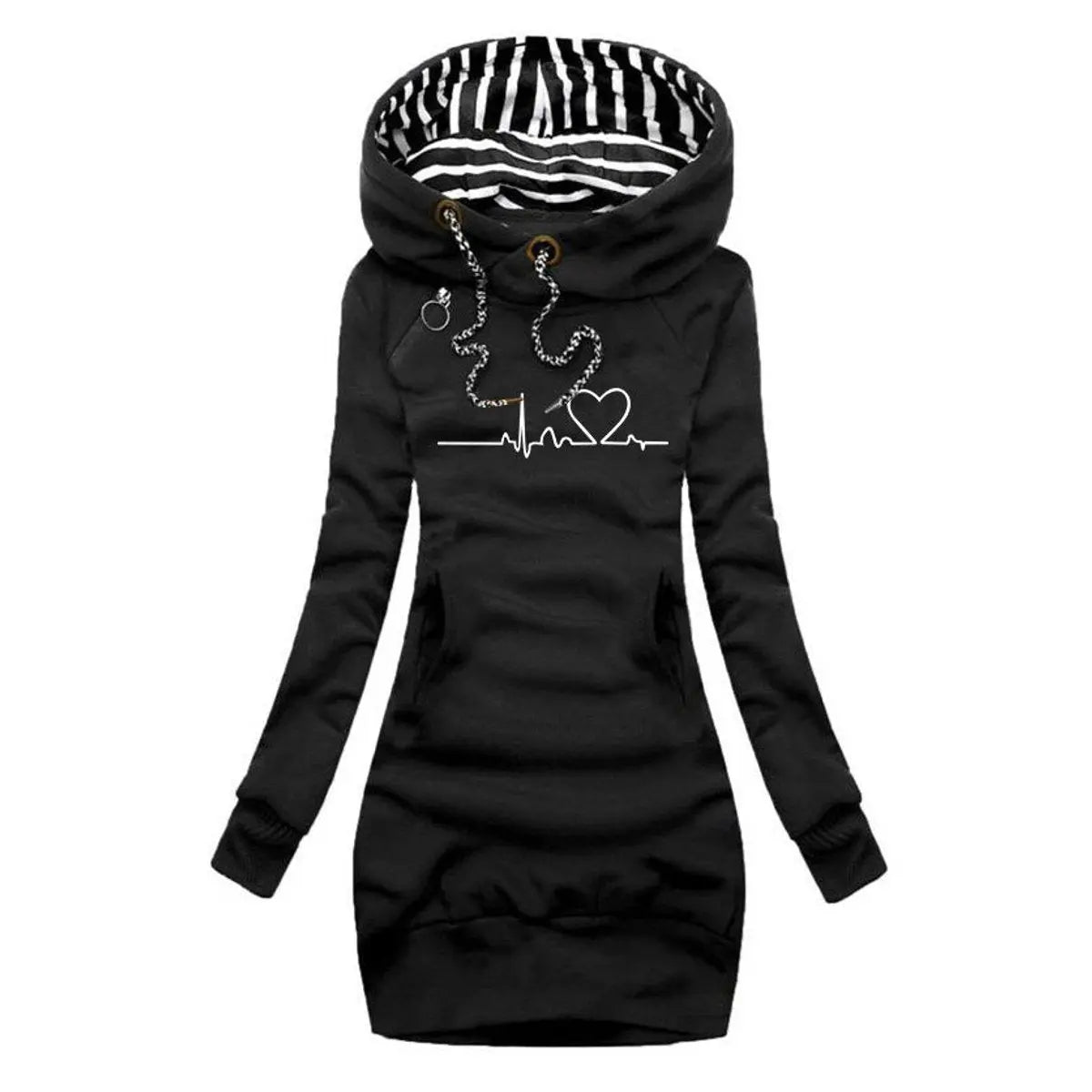 Homixa women's long-sleeve hooded graphic print dress with heartbeat motif and kangaroo pocket, casual and stylish for everyday wear.