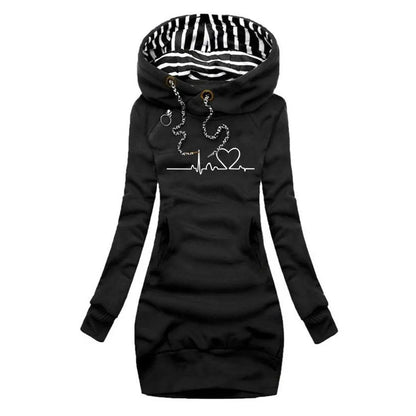 Homixa women's long-sleeve hooded graphic print dress with heartbeat motif and kangaroo pocket, casual and stylish for everyday wear.