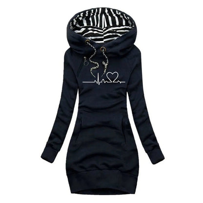 Women's Homixa long-sleeve graphic print dress with heartbeat motif, hood, kangaroo pocket, and casual style.